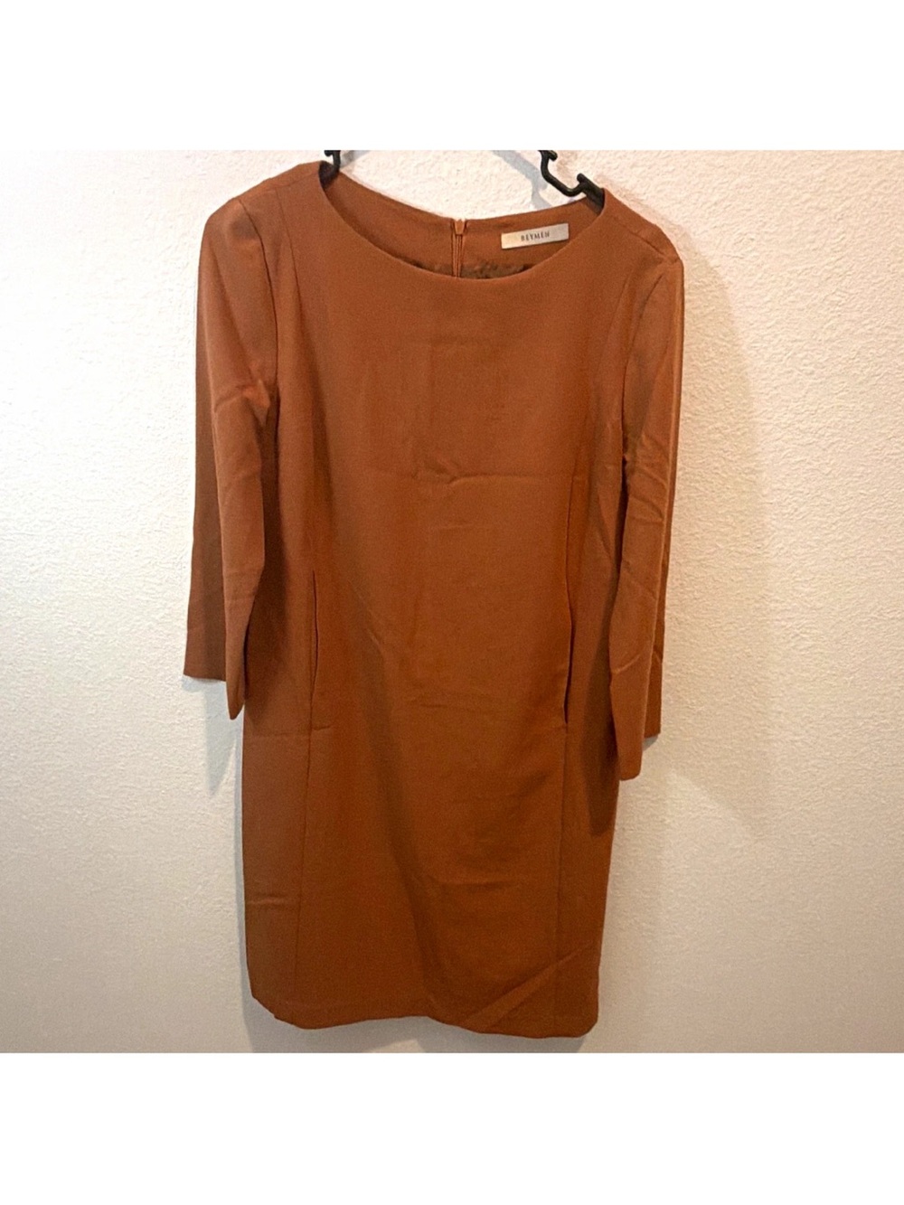Beymen Brown Solid Shift Knee Length Dress 3/4 Sleeve Round Neck Zip Size 6